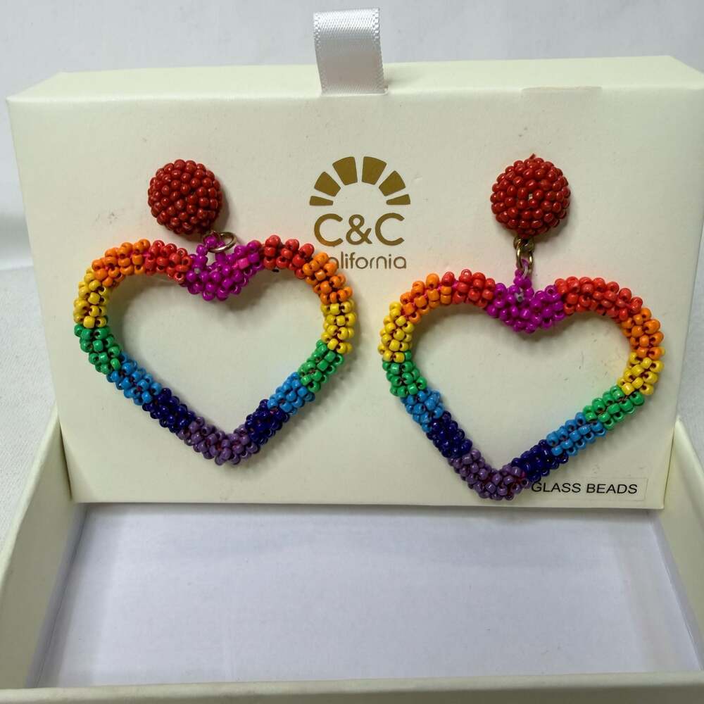 C&C California Rainbow Glass Bead Heart Drop Earrings